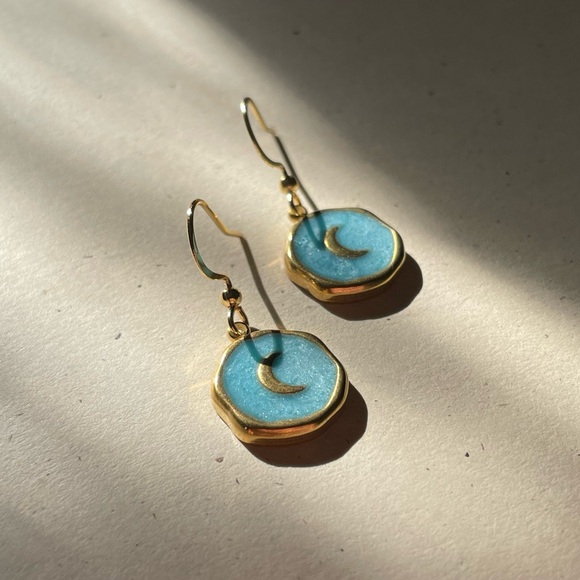 Gold Blue Moon Charm Earrings - Picture 2 of 4